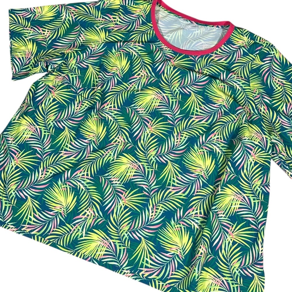 Lands' End 365 Stretch Top Women's 3X Palm Print Baltic Teal Tunic Short Sleeve